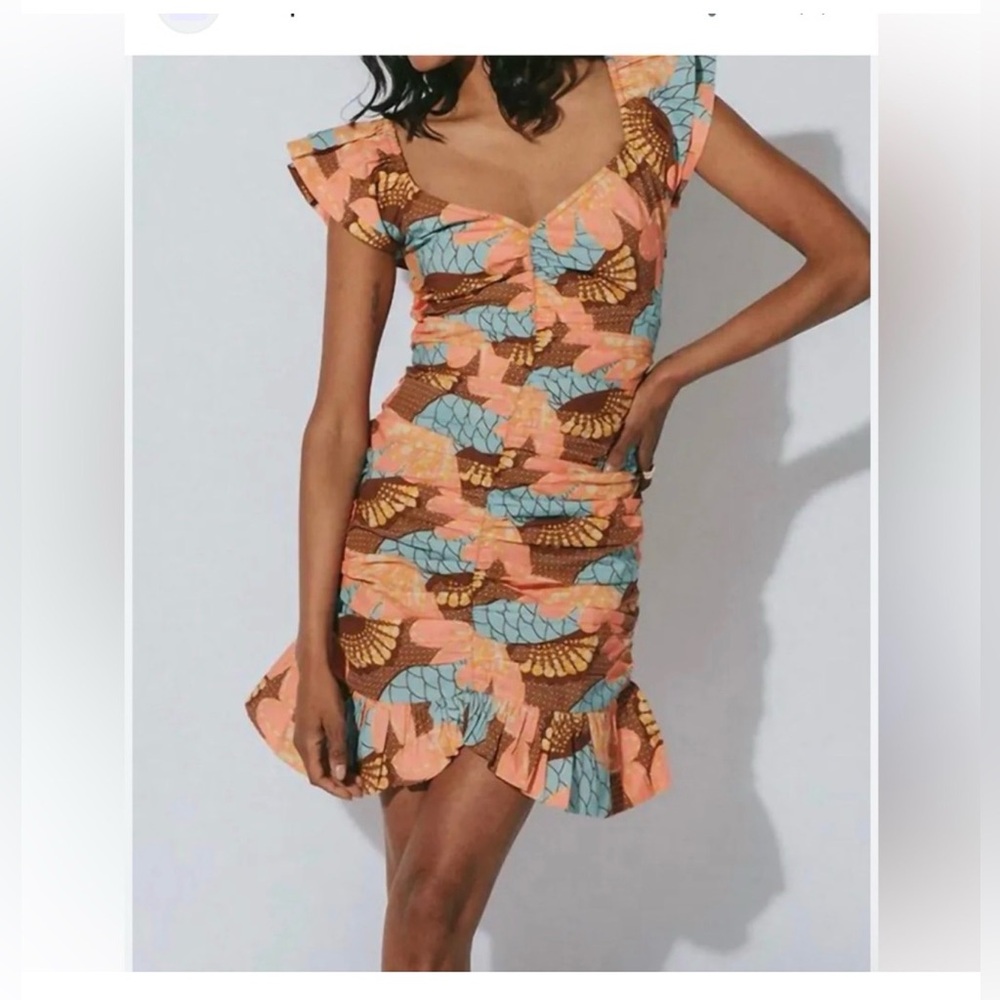NWT Cleobella Tiana Mini Dress coral brown aqua ruched L Large 10 12